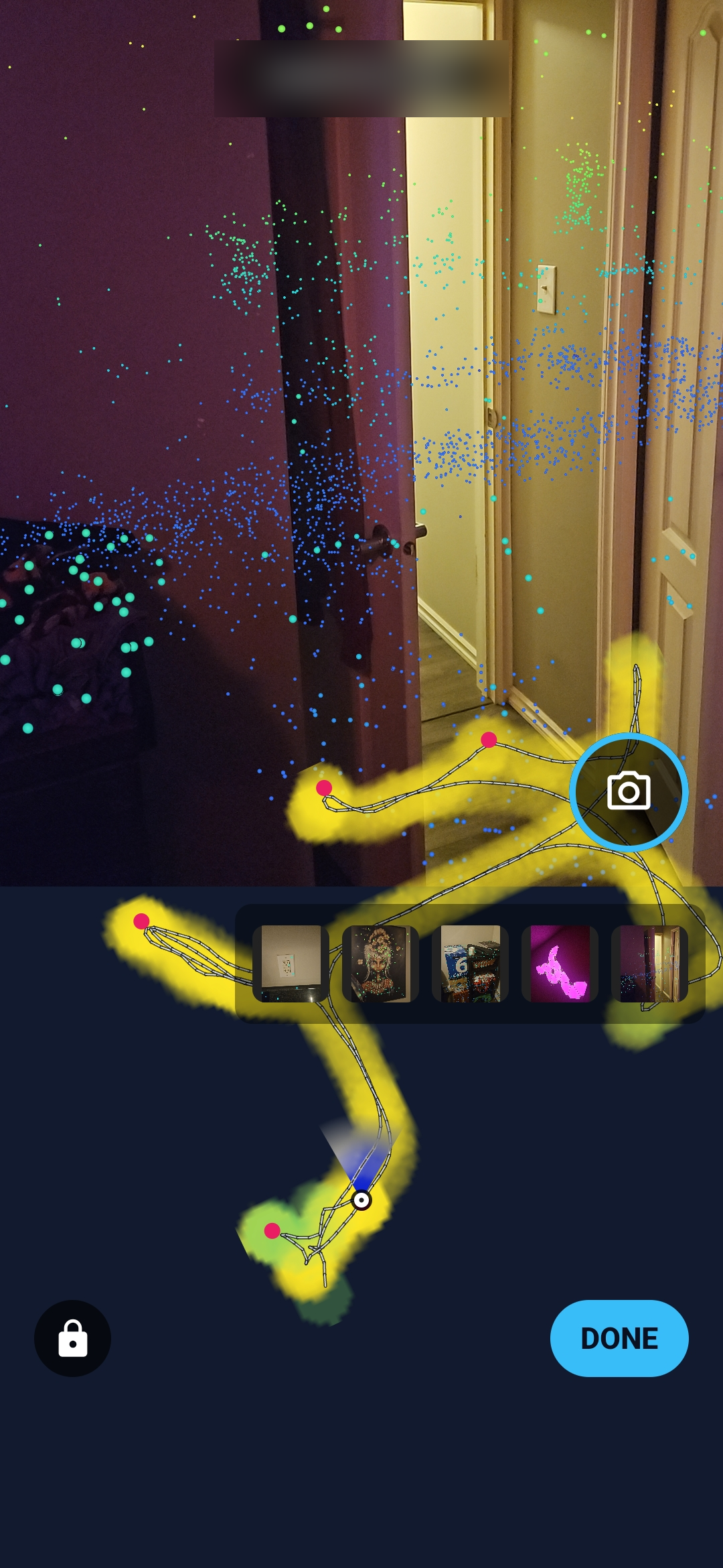 NetLens capture screen - camera view above a live minimap showing walked path and growing heatmap