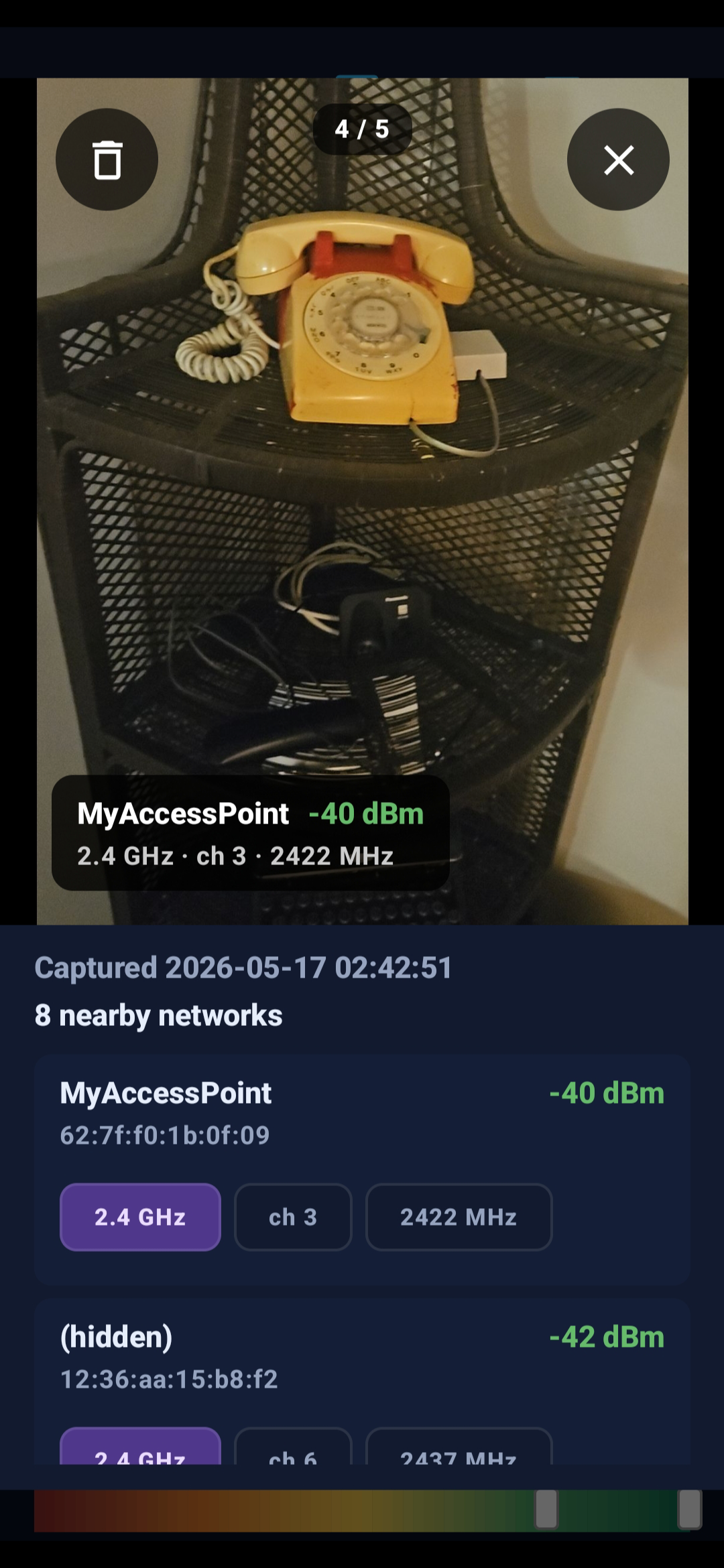 NetLens photo tag viewer - a photo captured during the scan with its access point context and surrounding network list