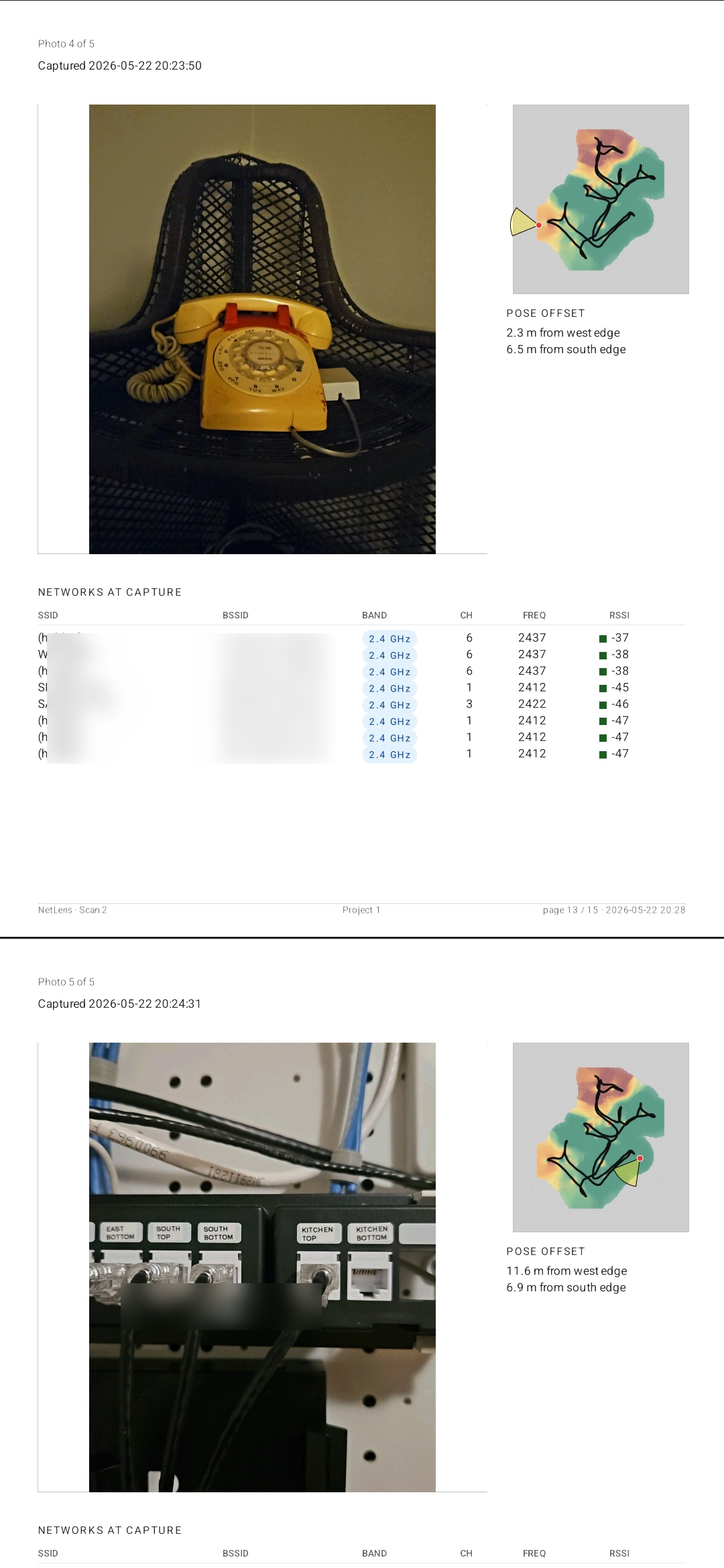 NetLens coverage report PDF - sample page showing an access point photo and the list of nearby networks captured at that location