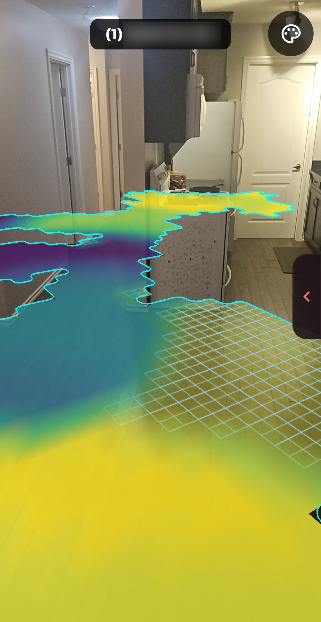 NetLens Schnellscan Lava-Modus - WLAN-Signalstärke als Heatmap über den Boden eines Raums in Augmented Reality gemalt