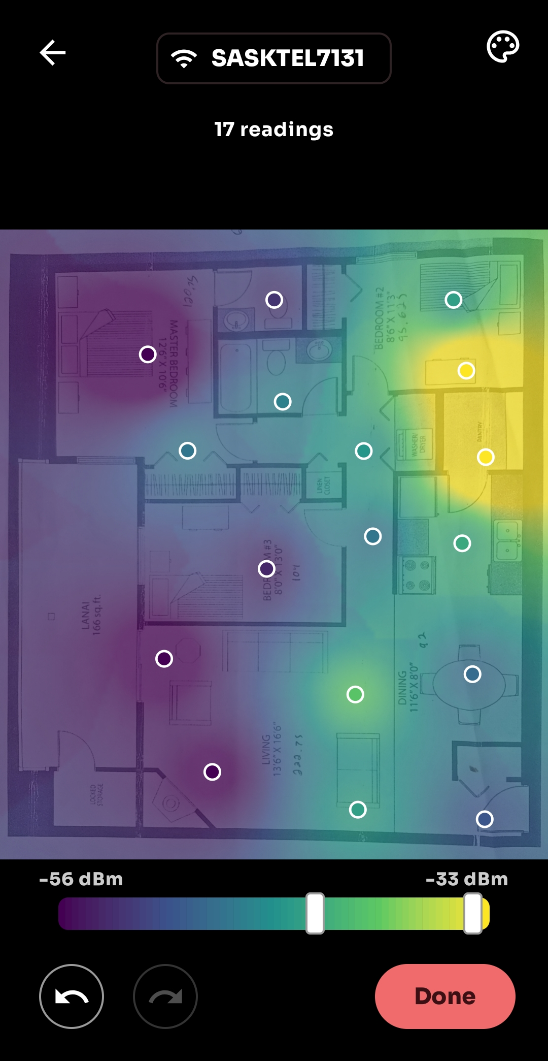 NetLens Grundriss-Werkzeug - WLAN-Messungen, auf einen importierten Wohnungsgrundriss getippt und zu einer nach Signalstärke eingefärbten Heatmap interpoliert